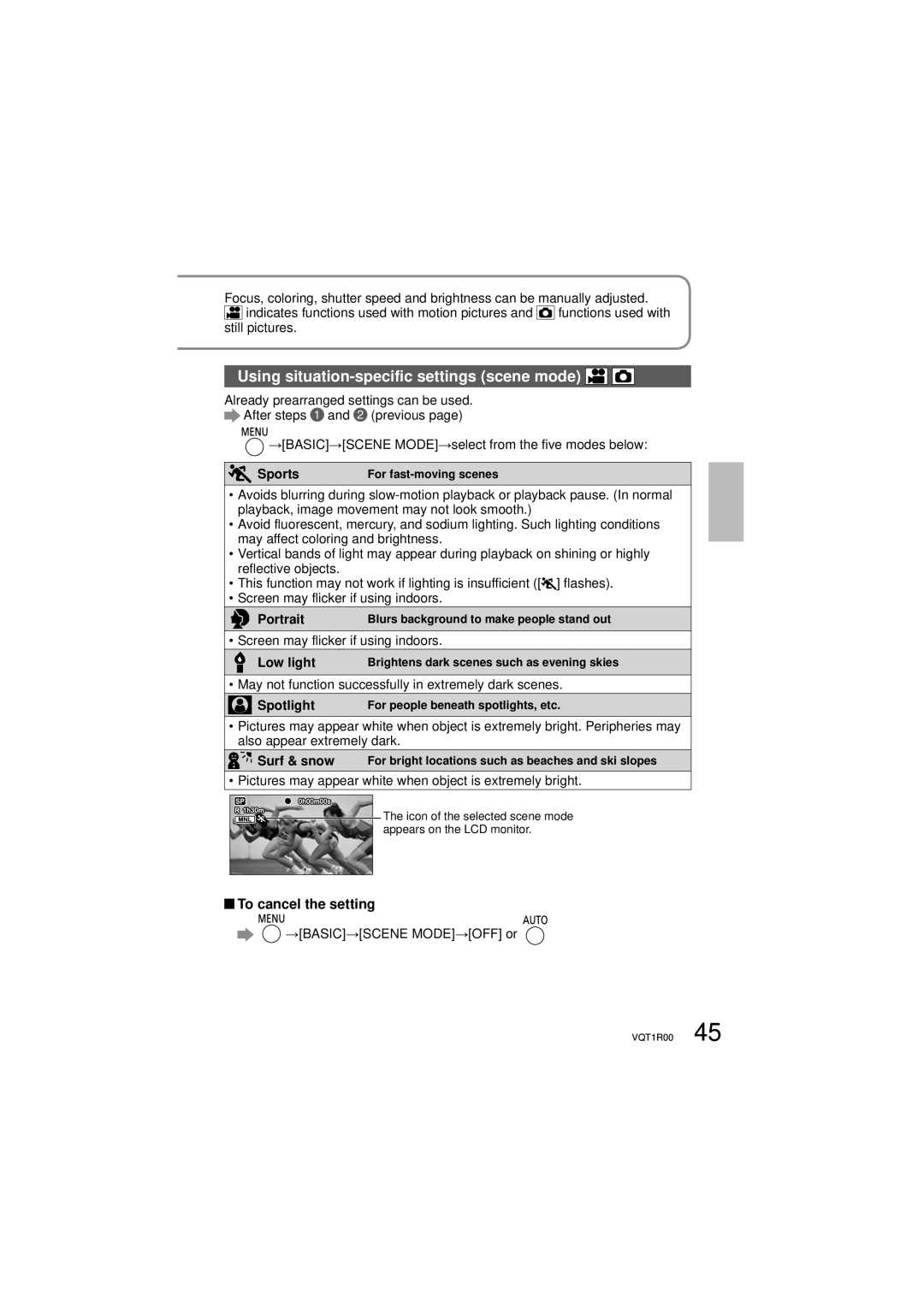 Panasonic SDR-S7P/PC operating instructions Using situation-specific settings scene mode, To cancel the setting 