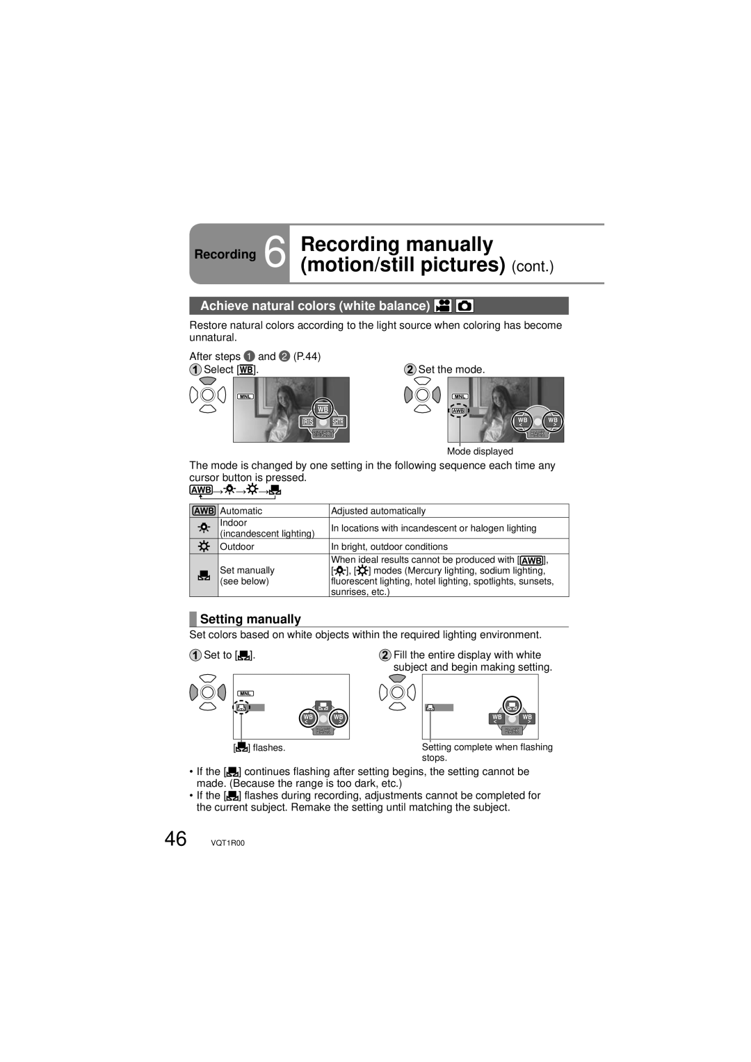 Panasonic SDR-S7P/PC operating instructions Achieve natural colors white balance, Setting manually 