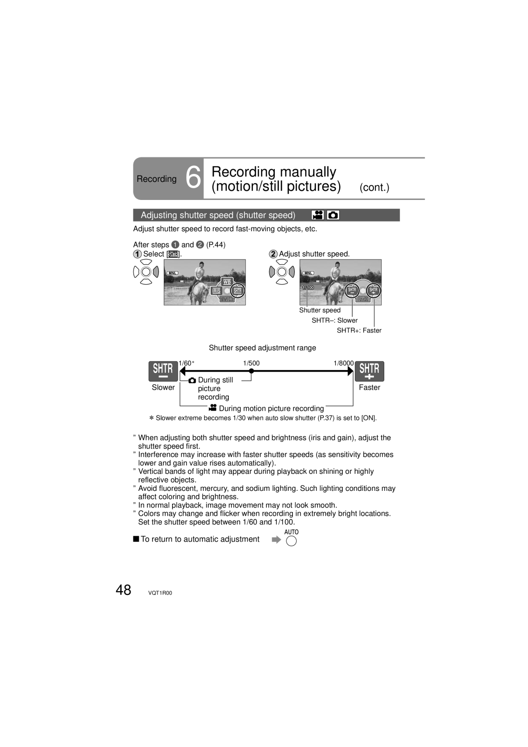 Panasonic SDR-S7P/PC operating instructions Adjusting shutter speed shutter speed, To return to automatic adjustment 