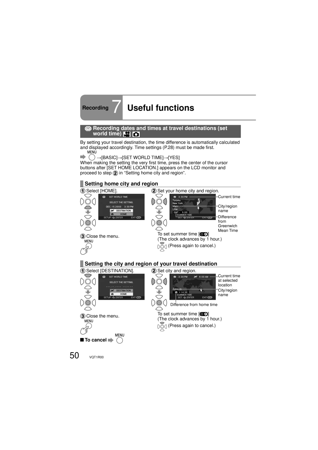 Panasonic SDR-S7P/PC Recording 7 Useful functions, Setting home city and region, To cancel, →BASIC→SET World TIME→YES 