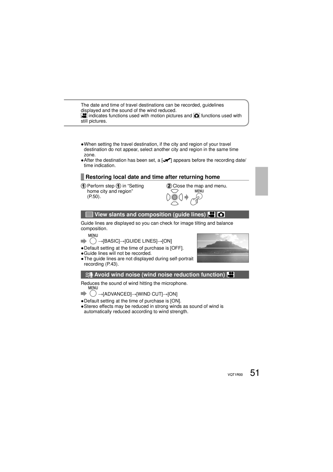 Panasonic SDR-S7P/PC Restoring local date and time after returning home, Avoid wind noise wind noise reduction function 