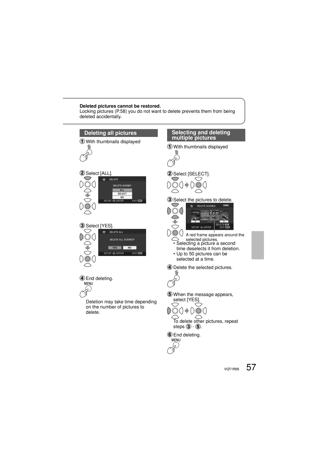 Panasonic SDR-S7P/PC Deleting all pictures, Selecting and deleting multiple pictures, Deleted pictures cannot be restored 