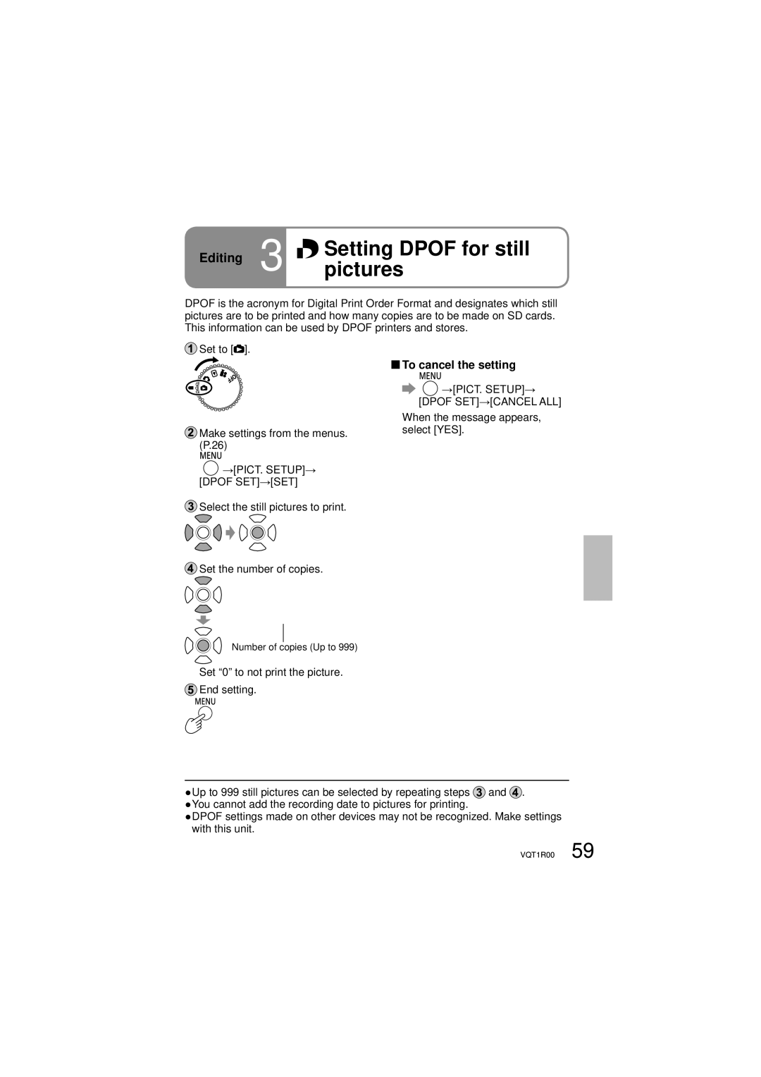 Panasonic SDR-S7P/PC operating instructions Setting Dpof for still pictures, Editing, →PICT. SETUP→ Dpof SET→SET 