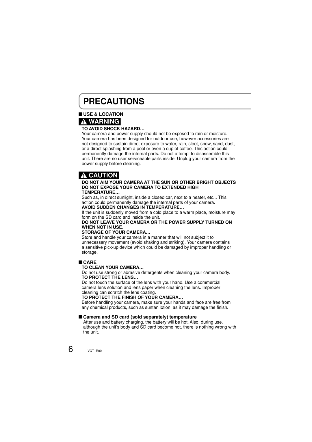 Panasonic SDR-S7P/PC operating instructions Precautions, Camera and SD card sold separately temperature 