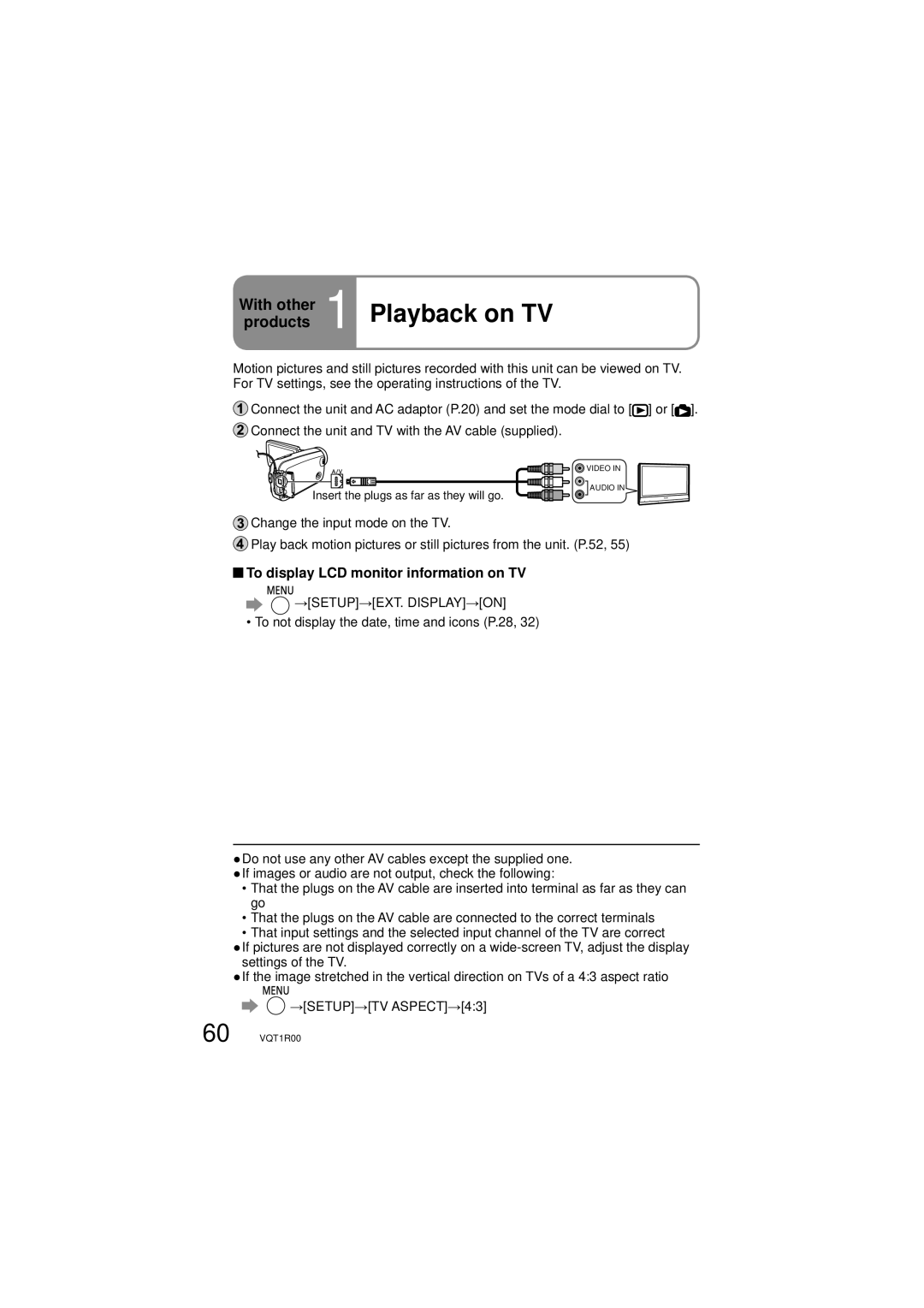 Panasonic SDR-S7P/PC operating instructions With other 1 Playback on TV, Products, To display LCD monitor information on TV 