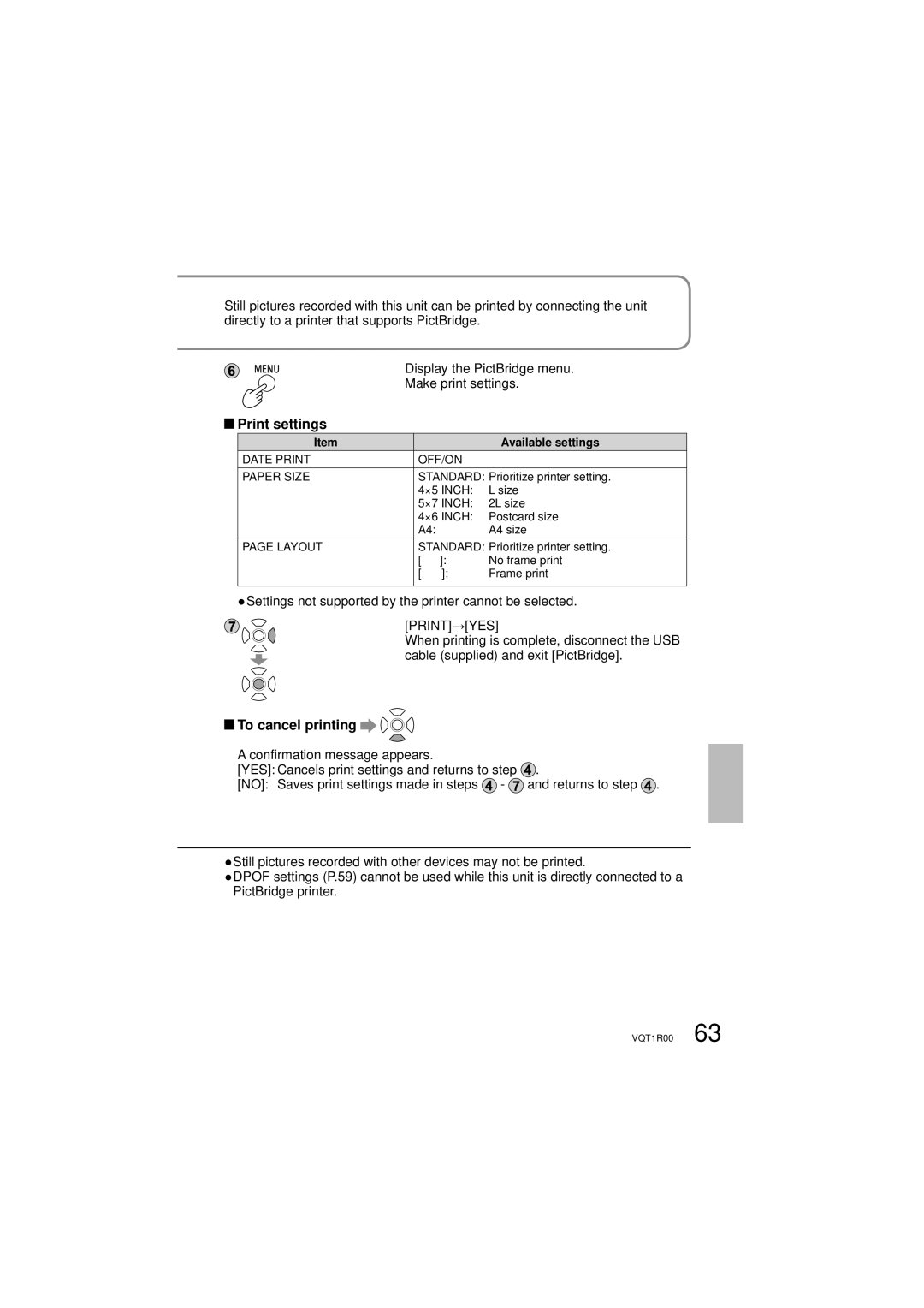 Panasonic SDR-S7P/PC Print settings, To cancel printing, Settings not supported by the printer cannot be selected 