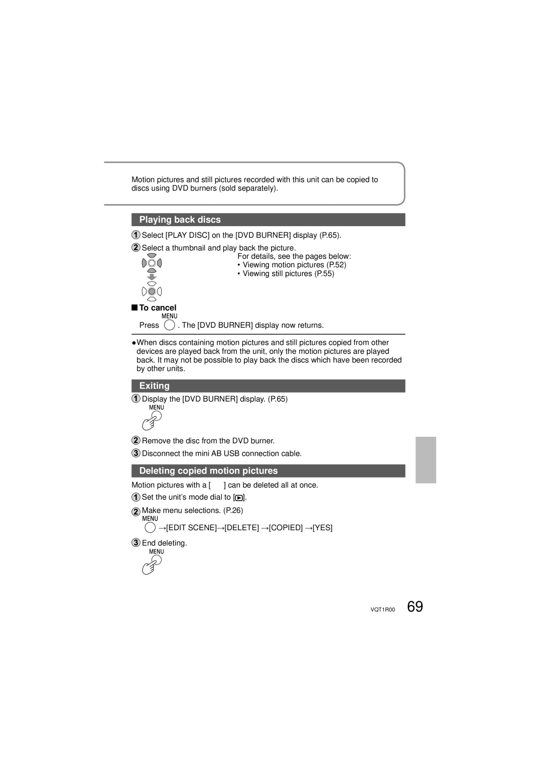 Panasonic SDR-S7P/PC Playing back discs, Exiting, Deleting copied motion pictures, →Edit Scene→Delete →Copied →Yes 