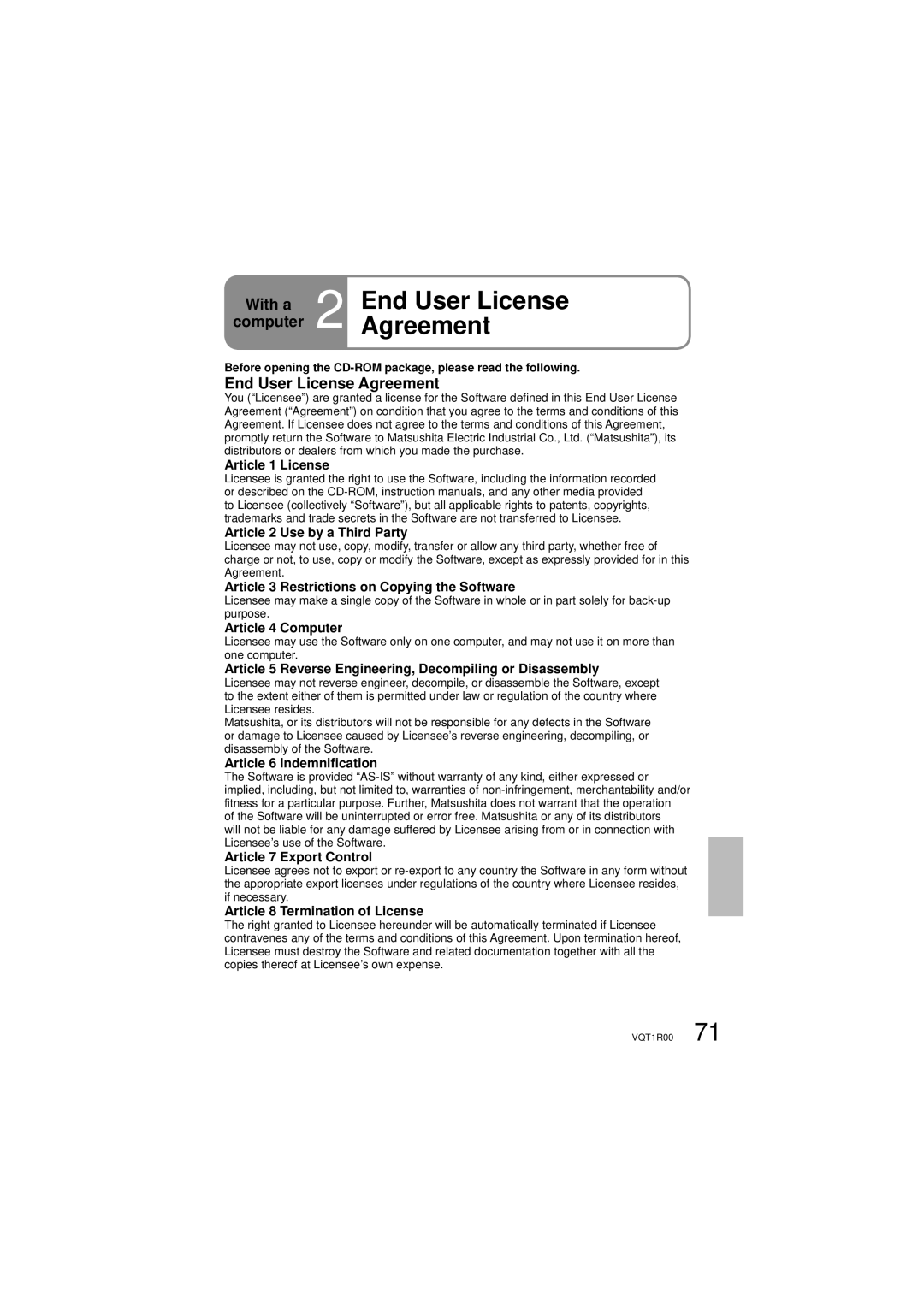 Panasonic SDR-S7P/PC operating instructions End User License Agreement 