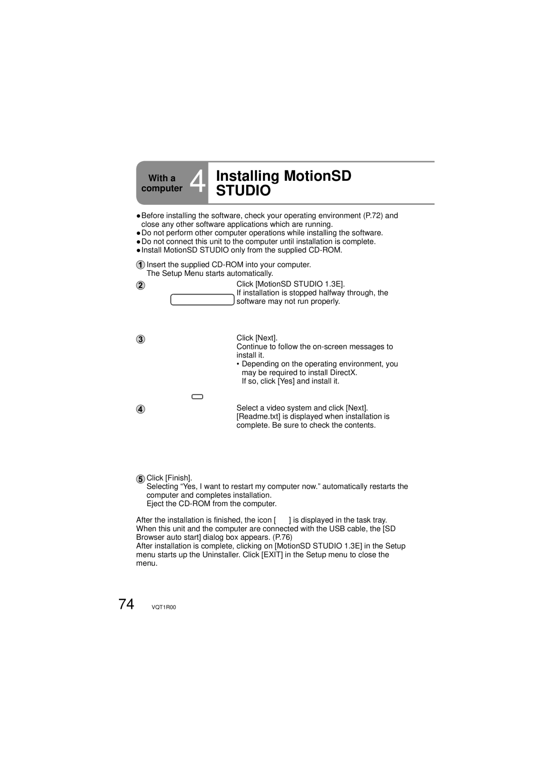 Panasonic SDR-S7P/PC operating instructions Installing MotionSD, Studio 