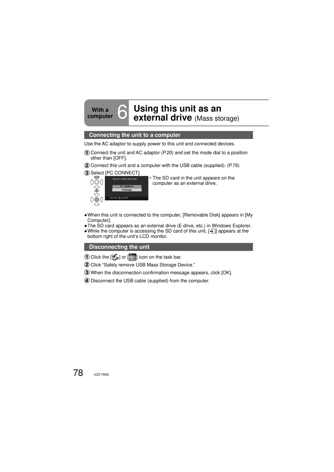 Panasonic SDR-S7P/PC Using this unit as an, External drive Mass storage, Connecting the unit to a computer 