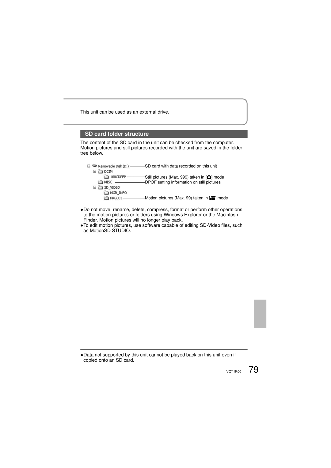 Panasonic SDR-S7P/PC operating instructions SD card folder structure, This unit can be used as an external drive 