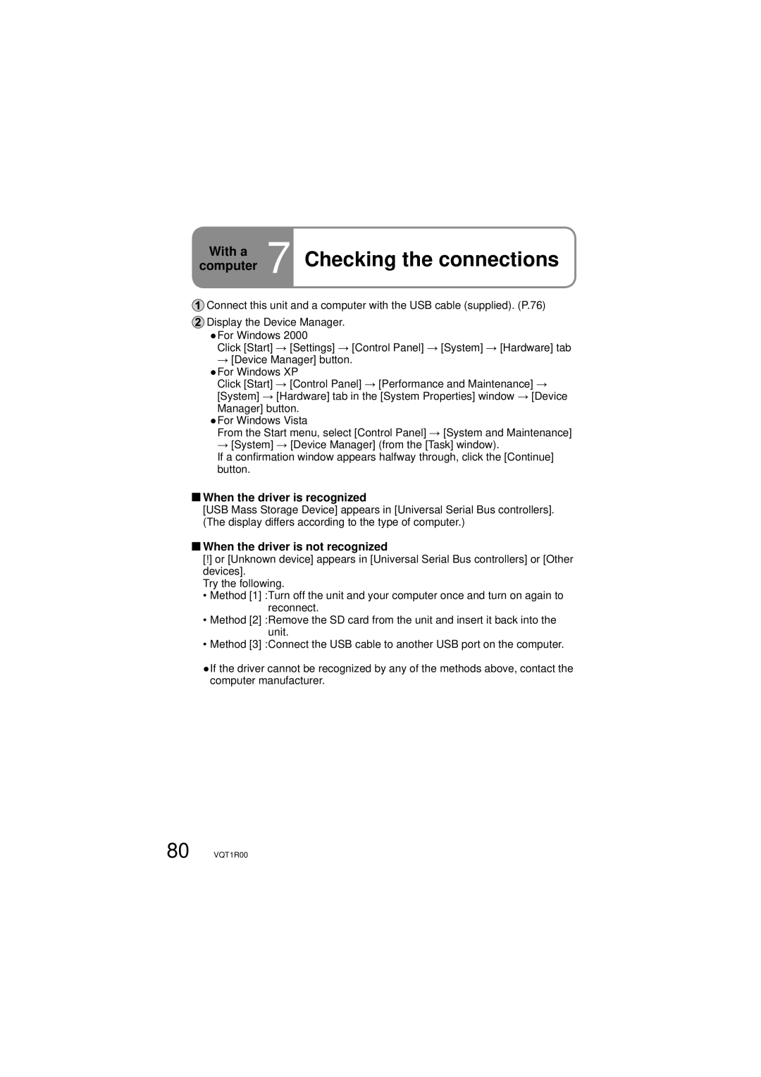 Panasonic SDR-S7P/PC Checking the connections, When the driver is recognized, When the driver is not recognized 