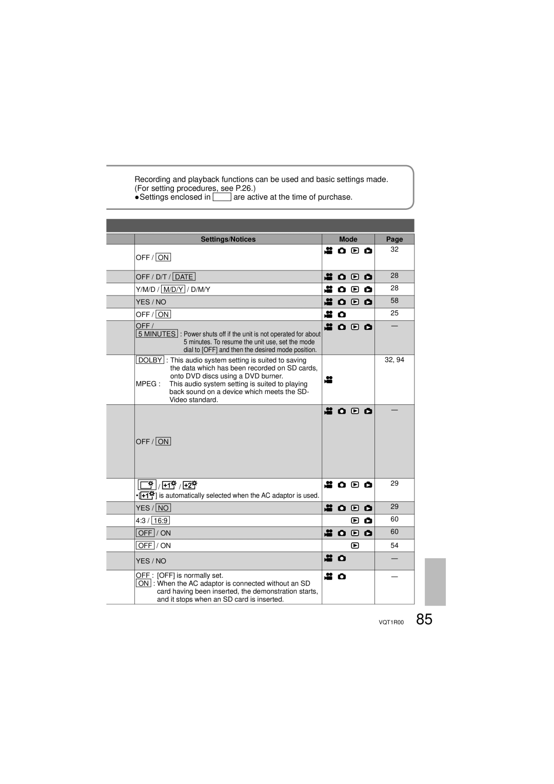 Panasonic SDR-S7P/PC operating instructions Settings/Notices Mode, Minutes 