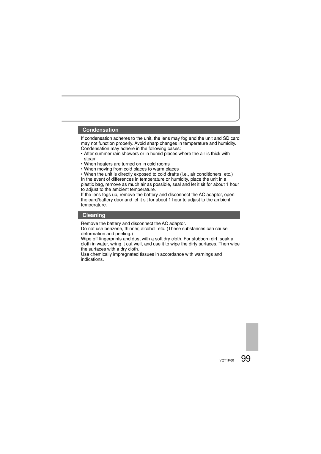 Panasonic SDR-S7P/PC operating instructions Condensation, Cleaning 