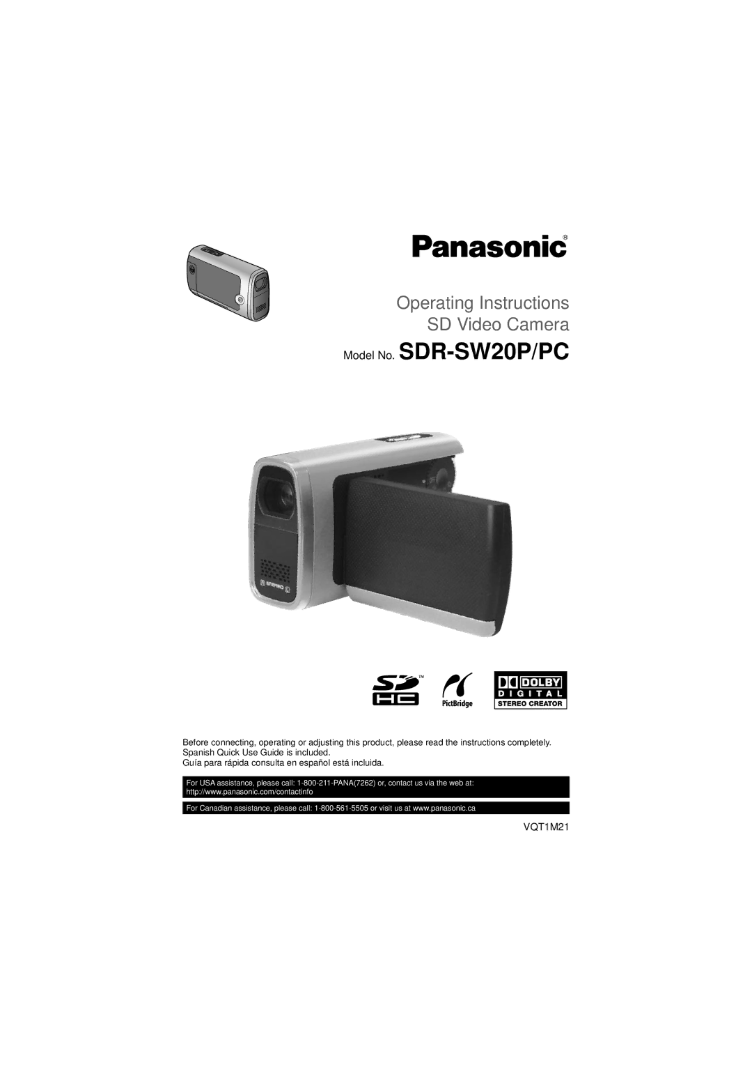 Panasonic operating instructions Model No. SDR-SW20P/PC, VQT1M21 