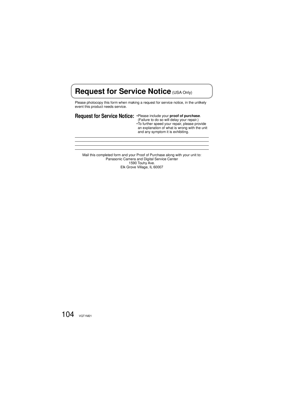 Panasonic SDR-SW20P operating instructions Request for Service Notice USA Only, Failure to do so will delay your repair 