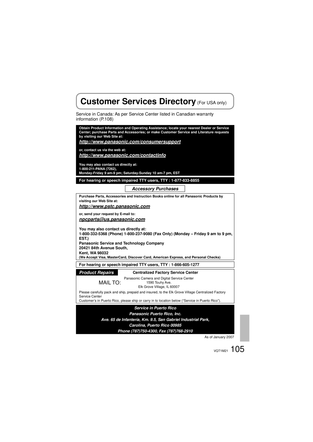 Panasonic SDR-SW20P Customer Services Directory For USA only, For hearing or speech impaired TTY users, TTY 