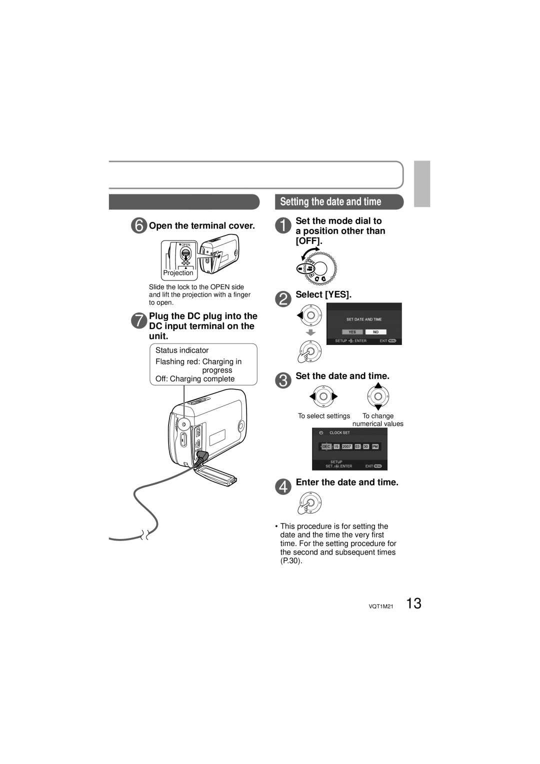 Panasonic SDR-SW20P Open the terminal cover, Plug the DC plug into DC input terminal on the unit, Enter the date and time 