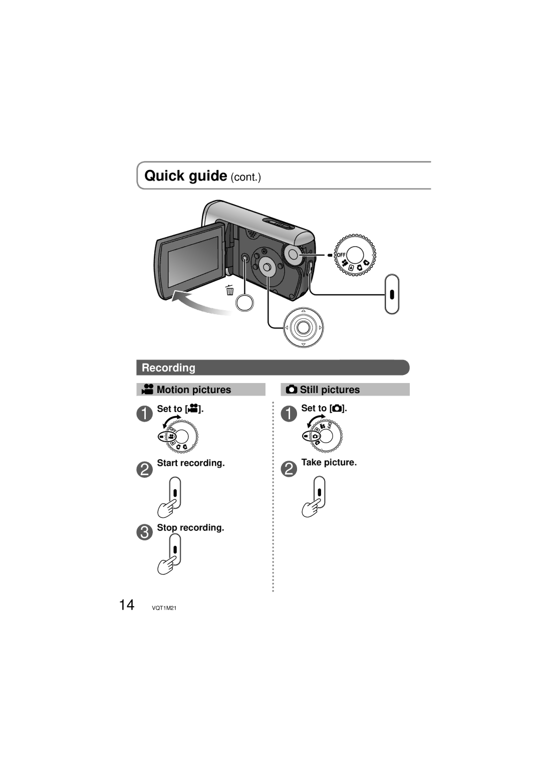 Panasonic SDR-SW20P operating instructions Recording, Set to Start recording Take picture Stop recording 