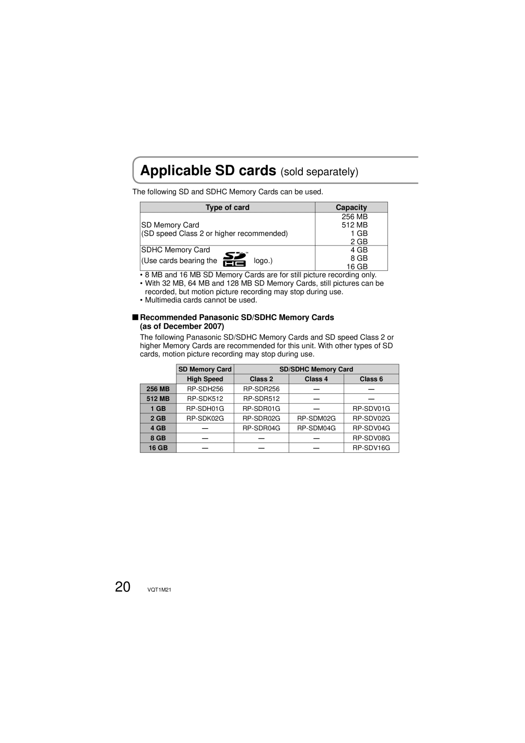 Panasonic SDR-SW20P operating instructions Recommended Panasonic SD/SDHC Memory Cards as of December, Type of card Capacity 