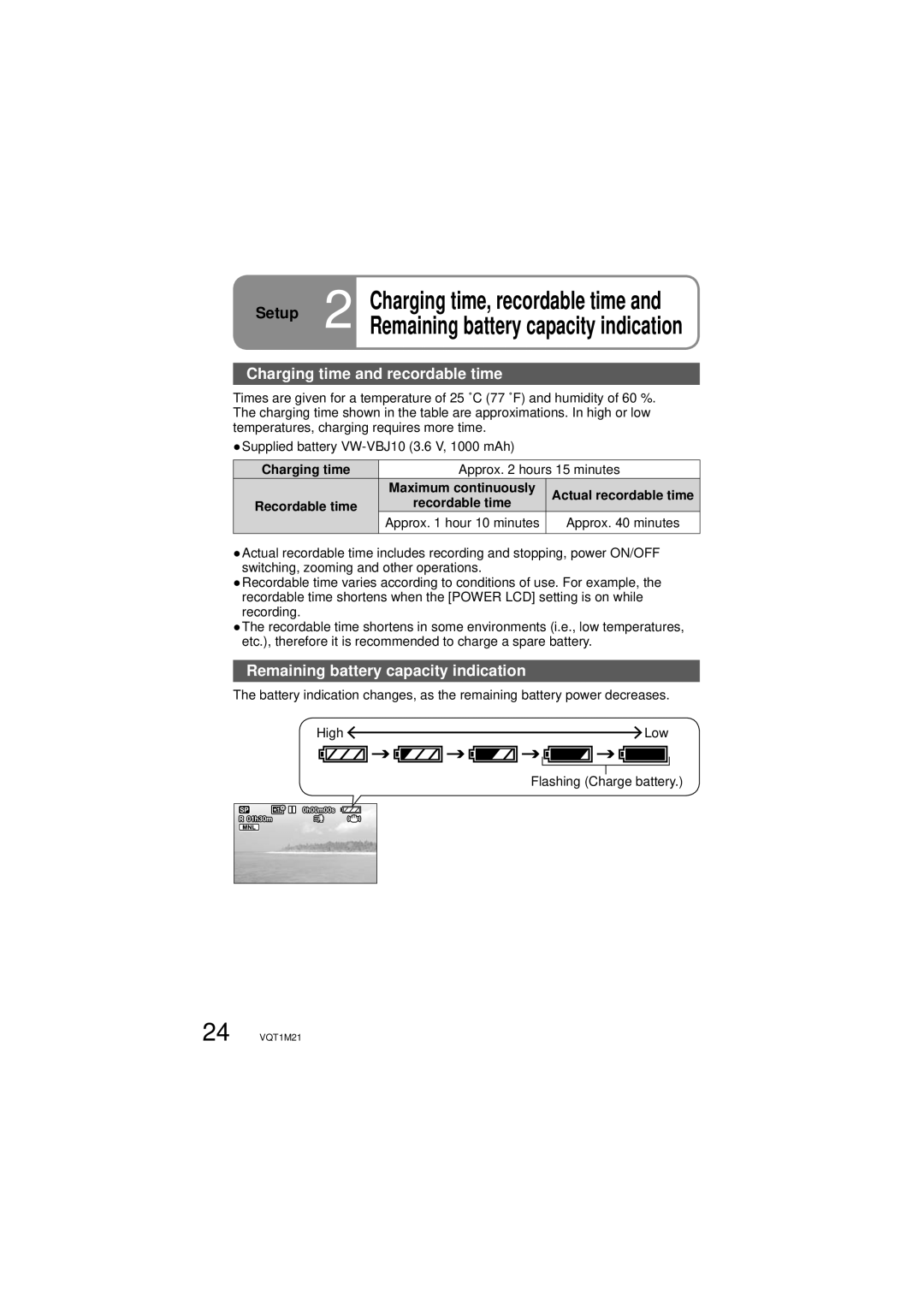 Panasonic SDR-SW20P operating instructions Setup, Charging time and recordable time, Remaining battery capacity indication 