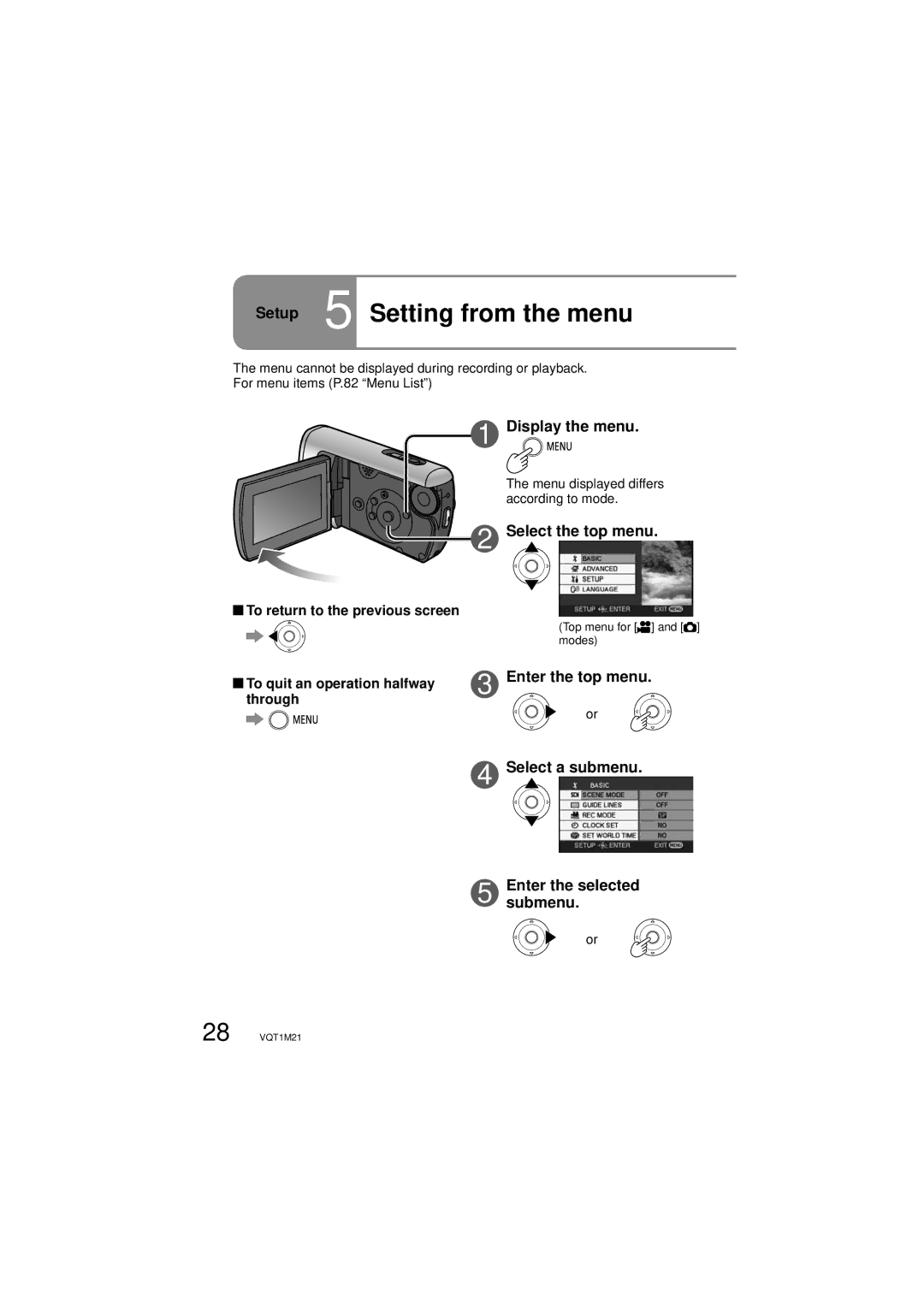 Panasonic SDR-SW20P Setup 5 Setting from the menu, Display the menu, Select the top menu, To return to the previous screen 