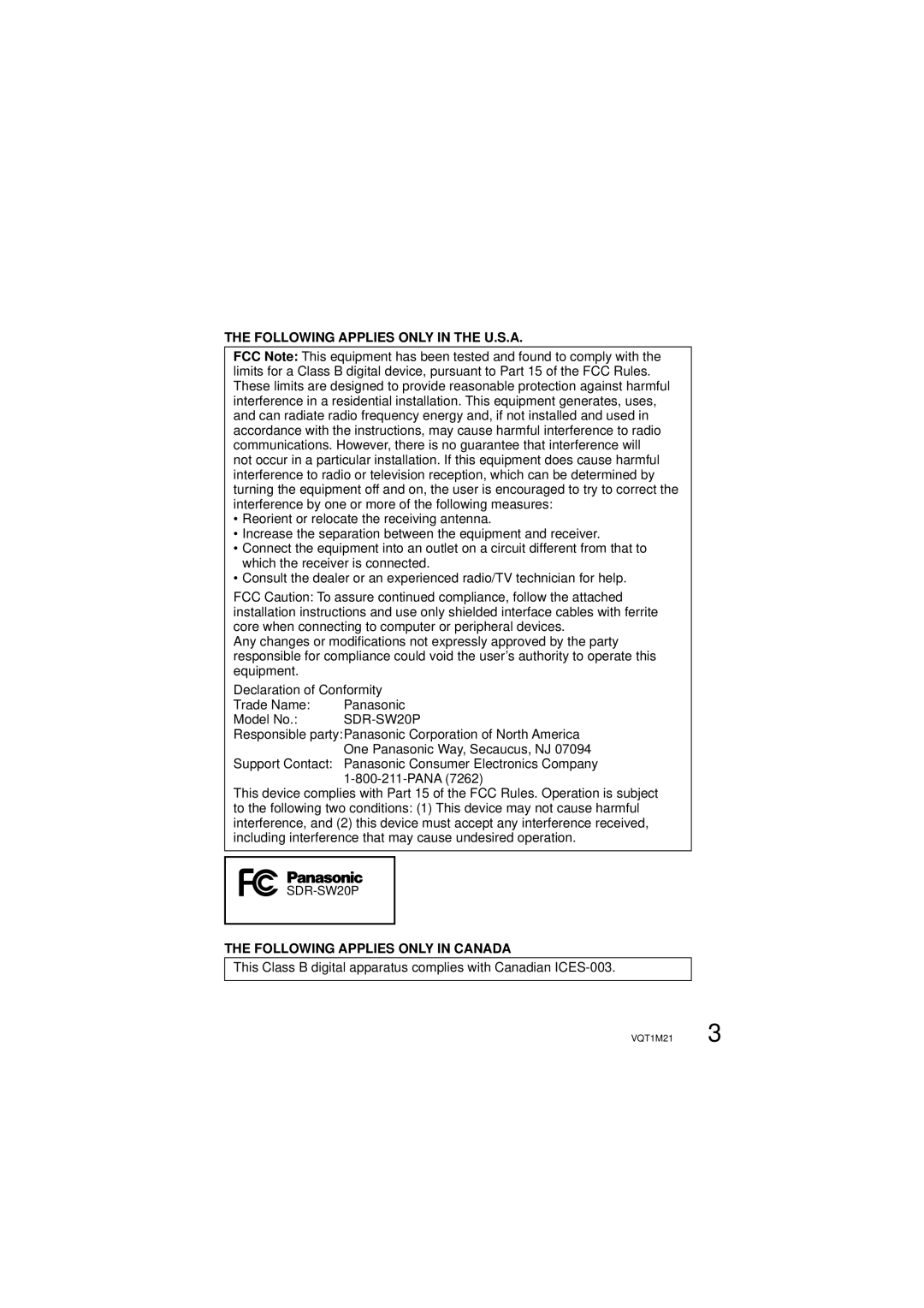 Panasonic SDR-SW20P operating instructions Following Applies only in the U.S.A 