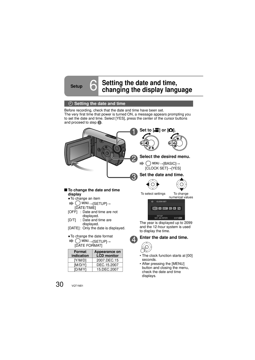 Panasonic SDR-SW20P Setting the date and time, Set to or Select the desired menu, To change the date and time display 