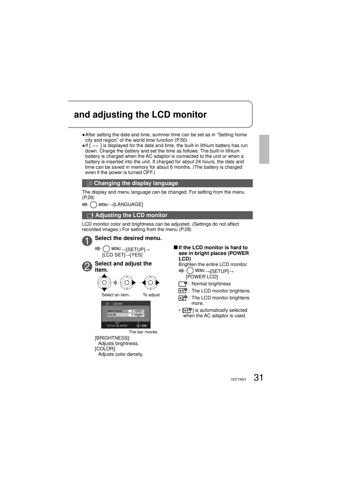 Panasonic SDR-SW20P operating instructions Adjusting the LCD monitor, Changing the display language, Selectitem. and adjust 