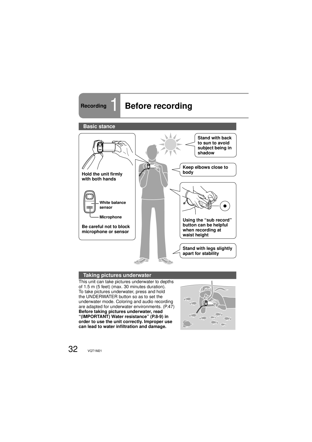 Panasonic SDR-SW20P operating instructions Recording 1 Before recording, Basic stance, Taking pictures underwater 