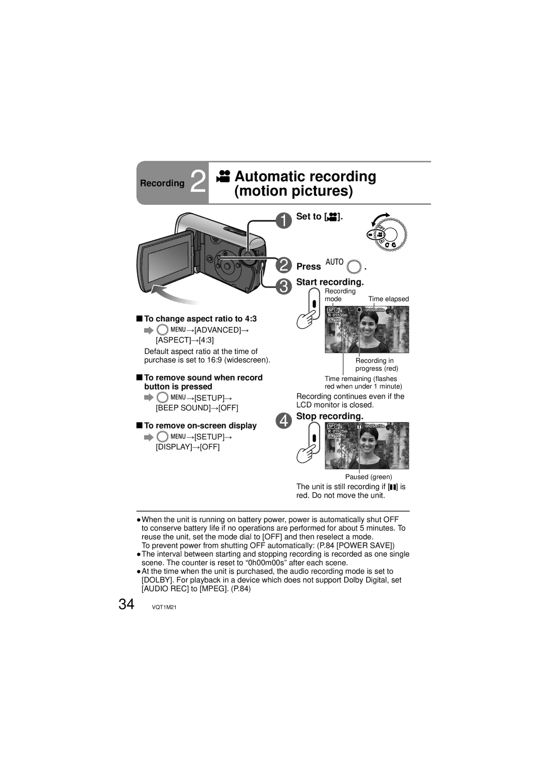 Panasonic SDR-SW20P operating instructions Recording 2 Automatic recording motion pictures, Set to, Press Start recording 