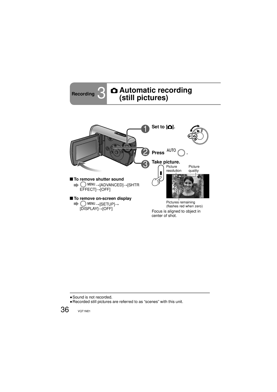 Panasonic SDR-SW20P Recording 3 Automatic recording still pictures, Set to Press Take picture, To remove shutter sound 