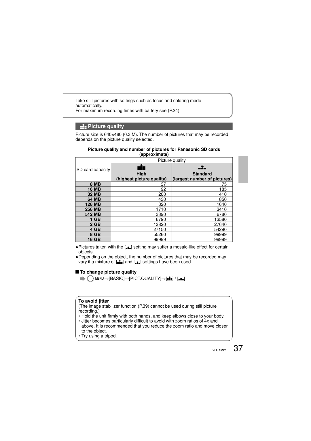 Panasonic SDR-SW20P operating instructions Picture quality, To change picture quality, To avoid jitter 