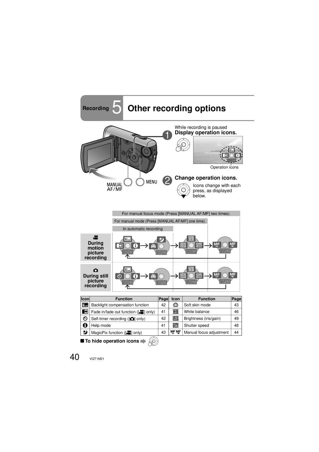 Panasonic SDR-SW20P Recording 5 Other recording options, Display operation icons, Change operation icons 