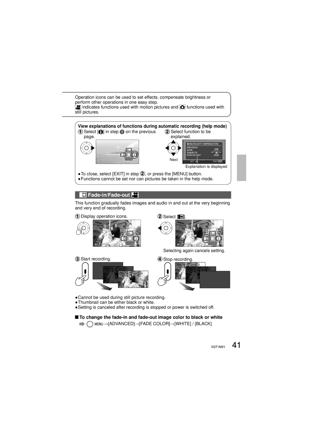 Panasonic SDR-SW20P operating instructions Fade-in/Fade-out, →ADVANCED→FADE COLOR→WHITE / Black 