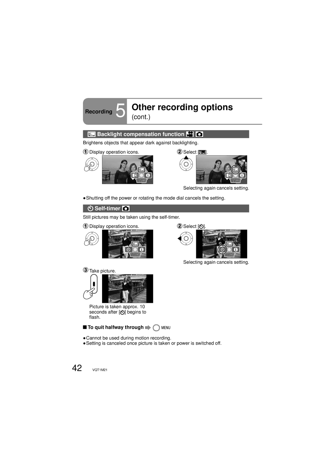 Panasonic SDR-SW20P Recording 5 Othercont. recording options, Backlight compensation function, Self-timer 