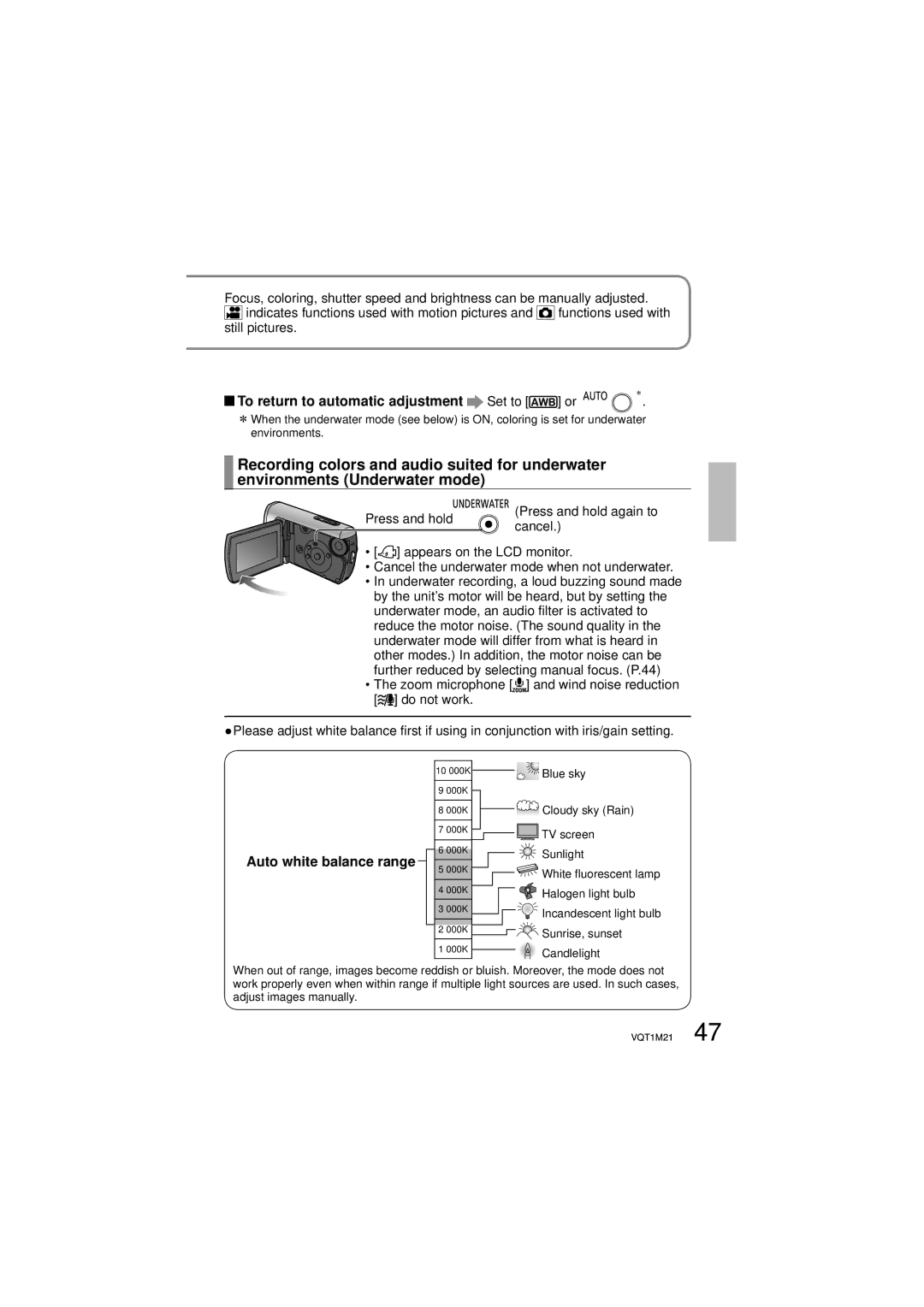 Panasonic SDR-SW20P operating instructions To return to automatic adjustment Set to or ＊, Auto white balance range 