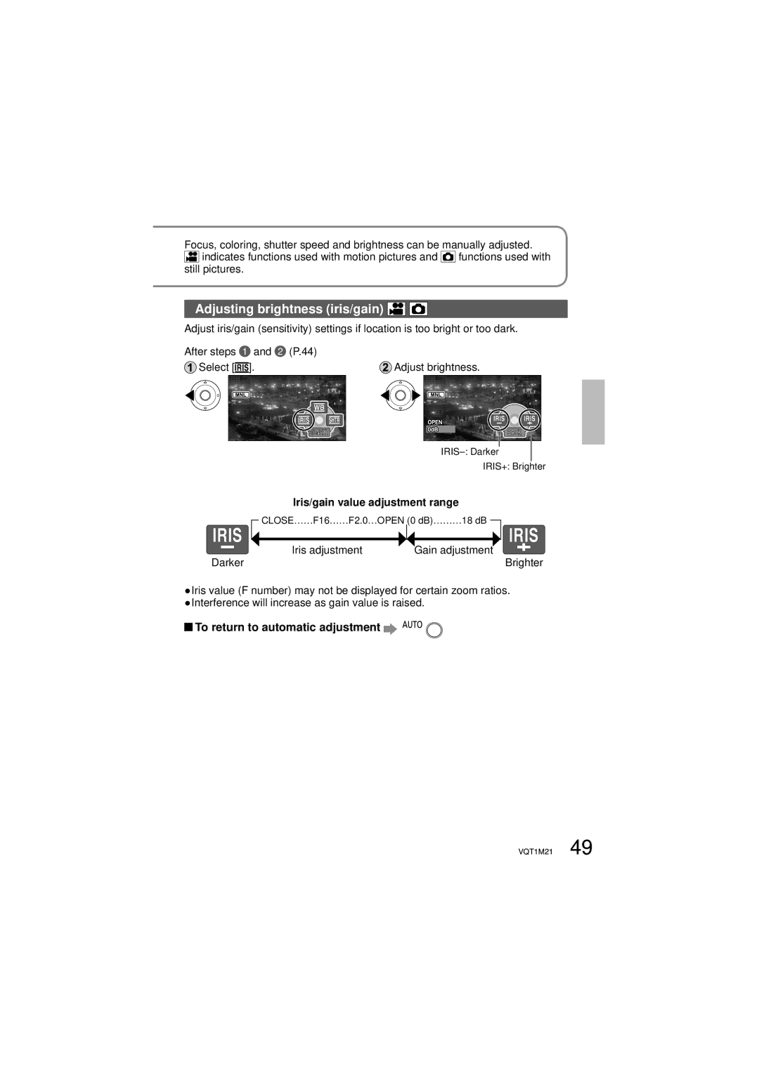 Panasonic SDR-SW20P operating instructions Adjusting brightness iris/gain, Iris/gain value adjustment range 