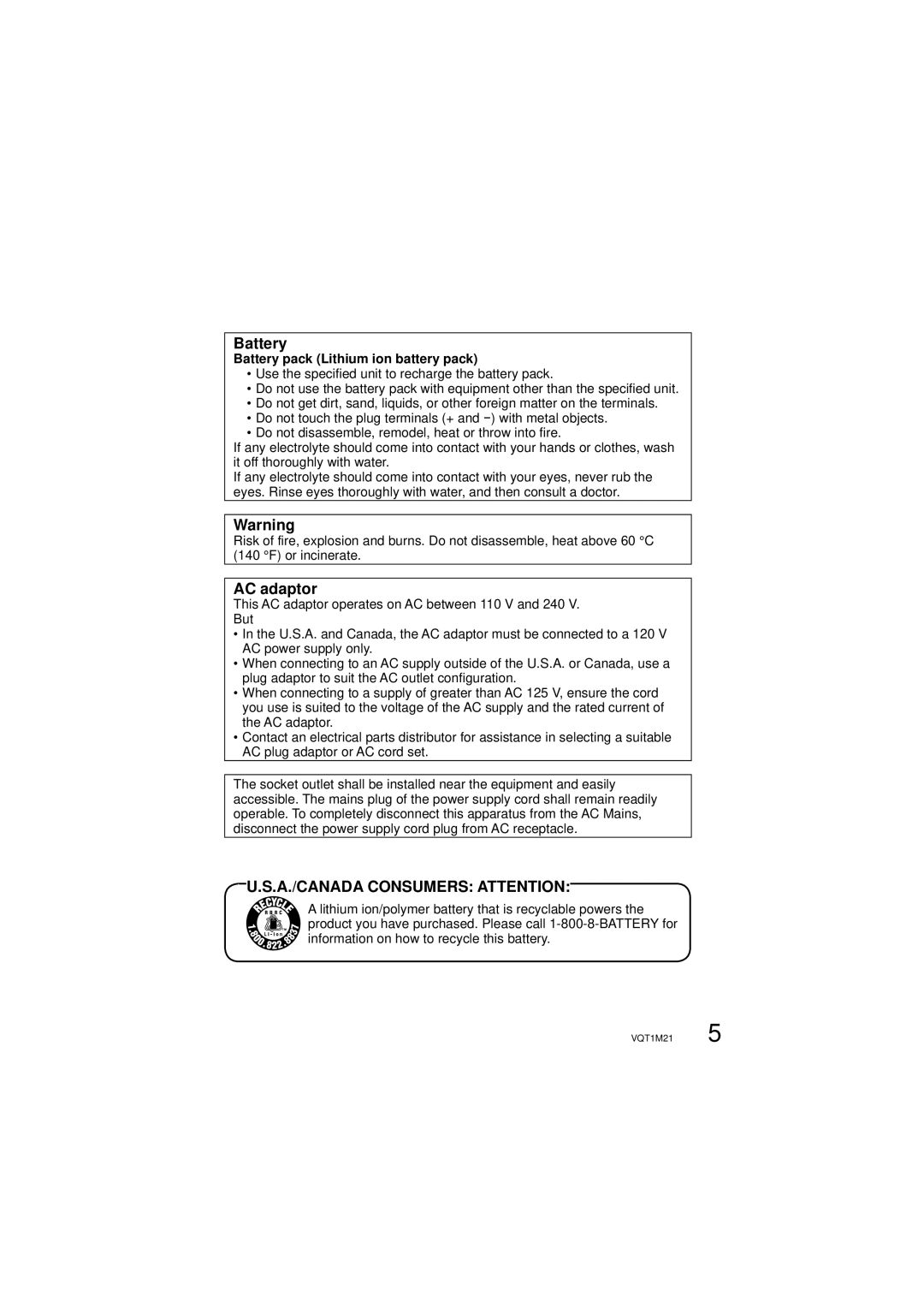 Panasonic SDR-SW20P operating instructions AC adaptor, Battery pack Lithium ion battery pack 