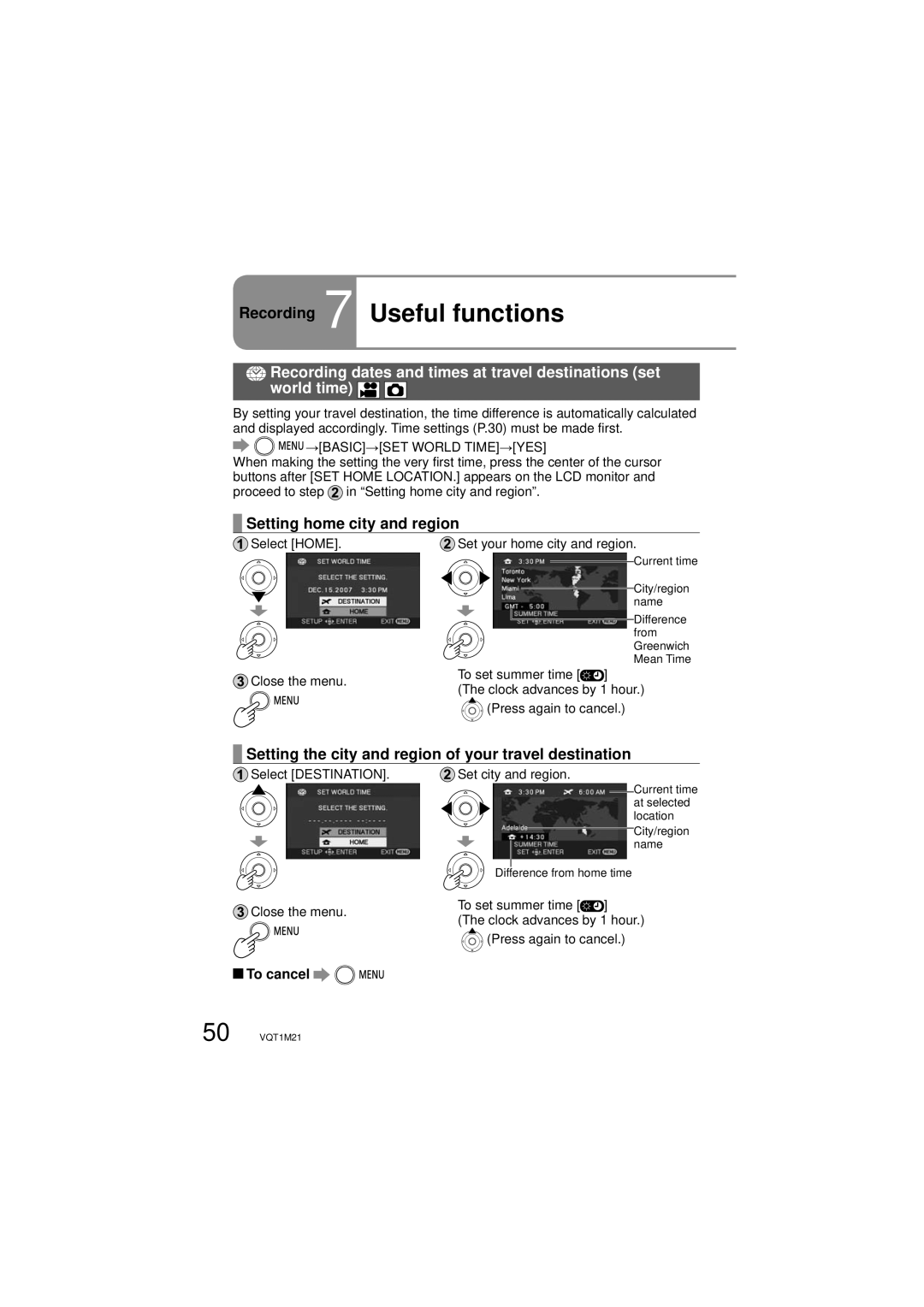 Panasonic SDR-SW20P Recording 7 Useful functions, Setting home city and region, To cancel, →BASIC→SET World TIME→YES 