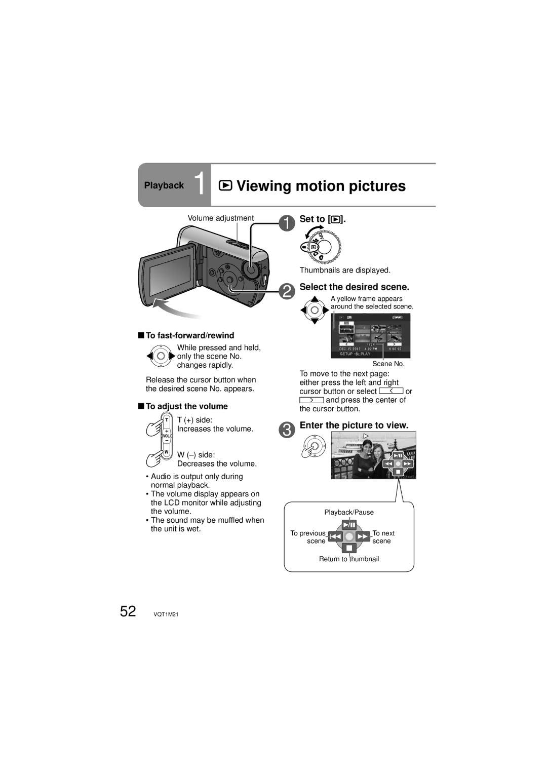 Panasonic SDR-SW20P Playback 1 Viewing motion pictures, Select the desired scene, Enter the picture to view 