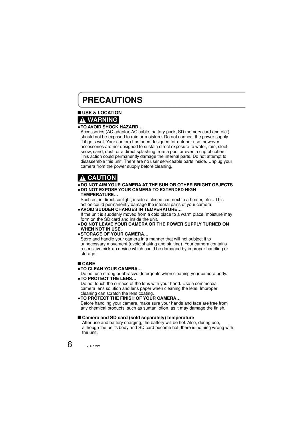 Panasonic SDR-SW20P operating instructions Precautions, Camera and SD card sold separately temperature 