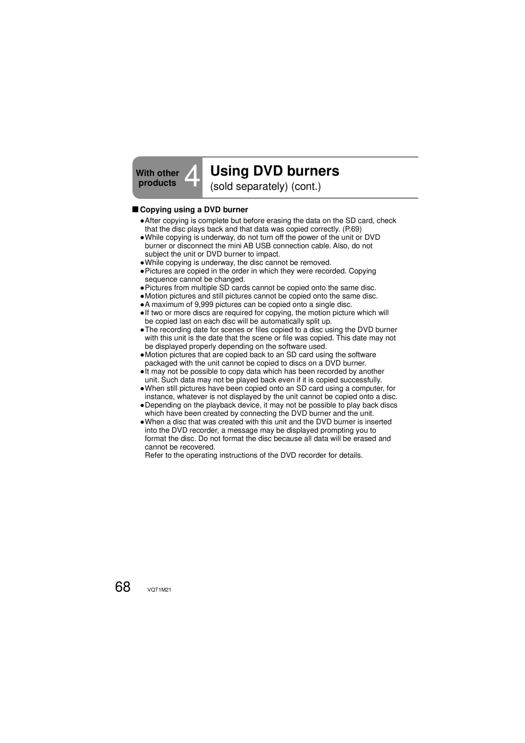 Panasonic SDR-SW20P operating instructions Copying using a DVD burner 