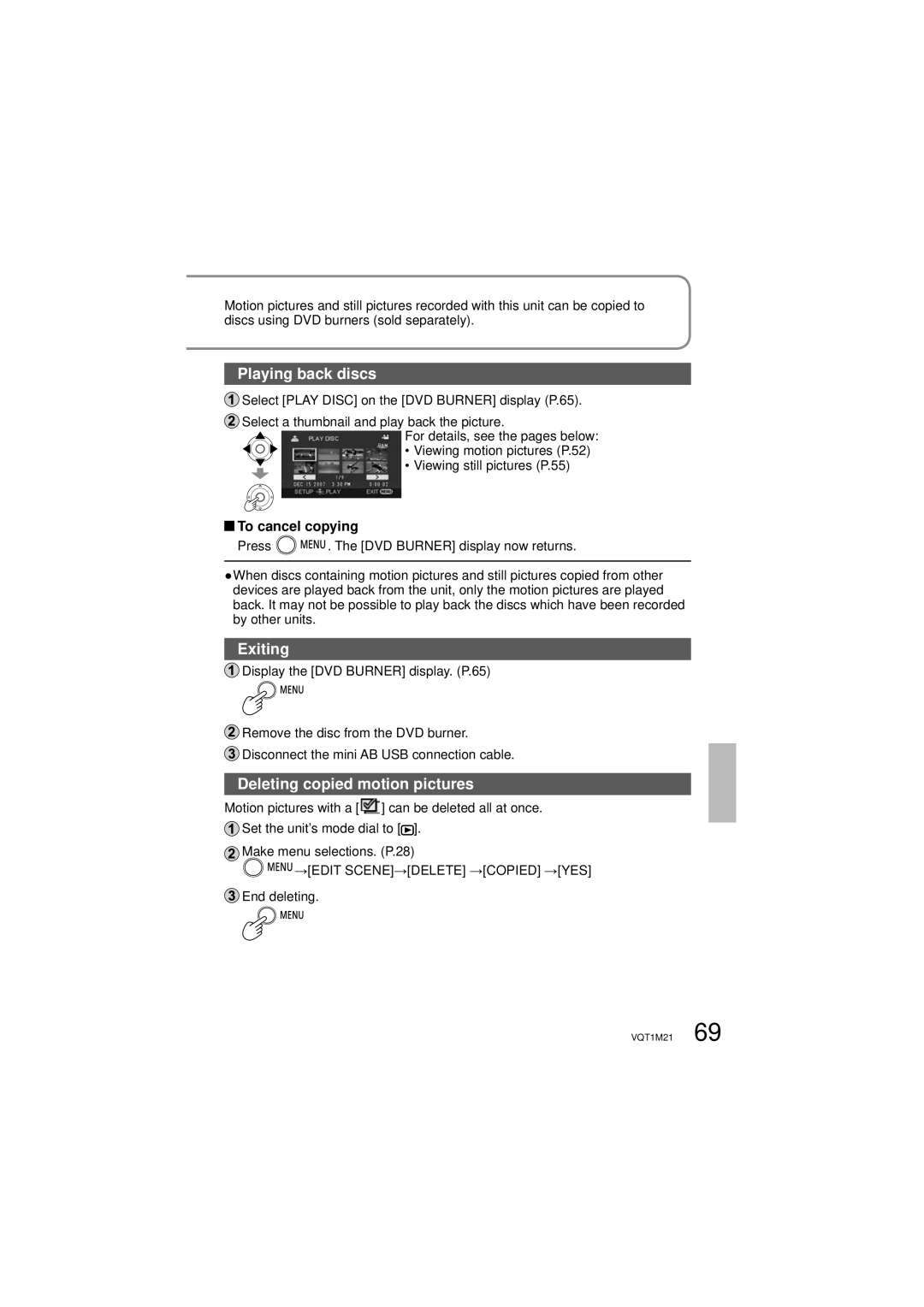 Panasonic SDR-SW20P Playing back discs, Exiting, Deleting copied motion pictures, →Edit Scene→Delete →Copied →Yes 