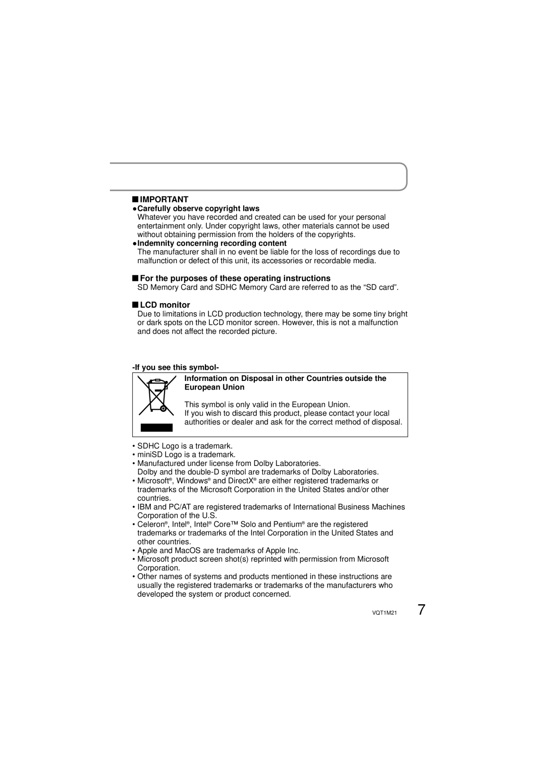 Panasonic SDR-SW20P For the purposes of these operating instructions, LCD monitor, Carefully observe copyright laws 