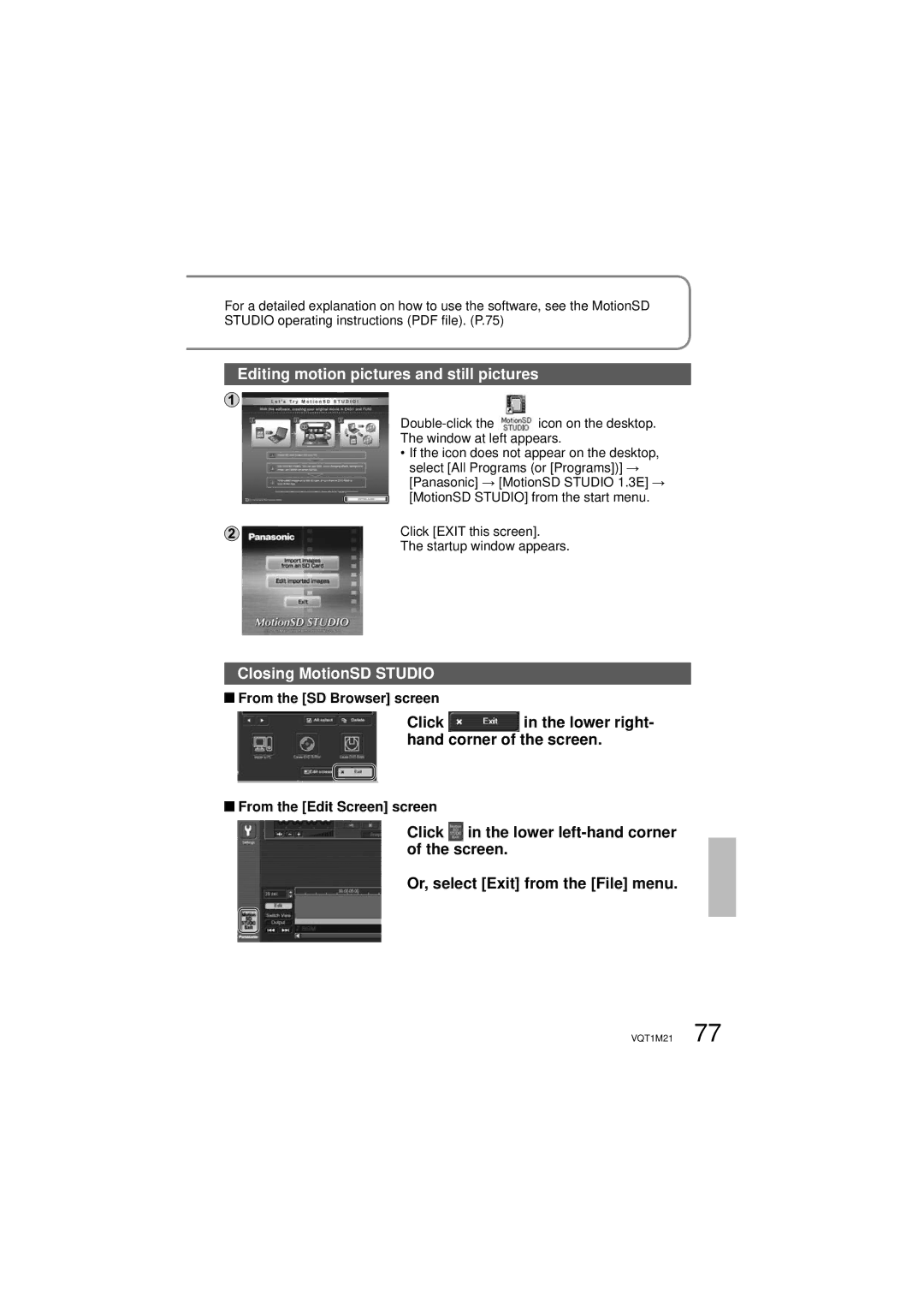 Panasonic SDR-SW20P Editing motion pictures and still pictures, Closing MotionSD Studio, From the SD Browser screen 