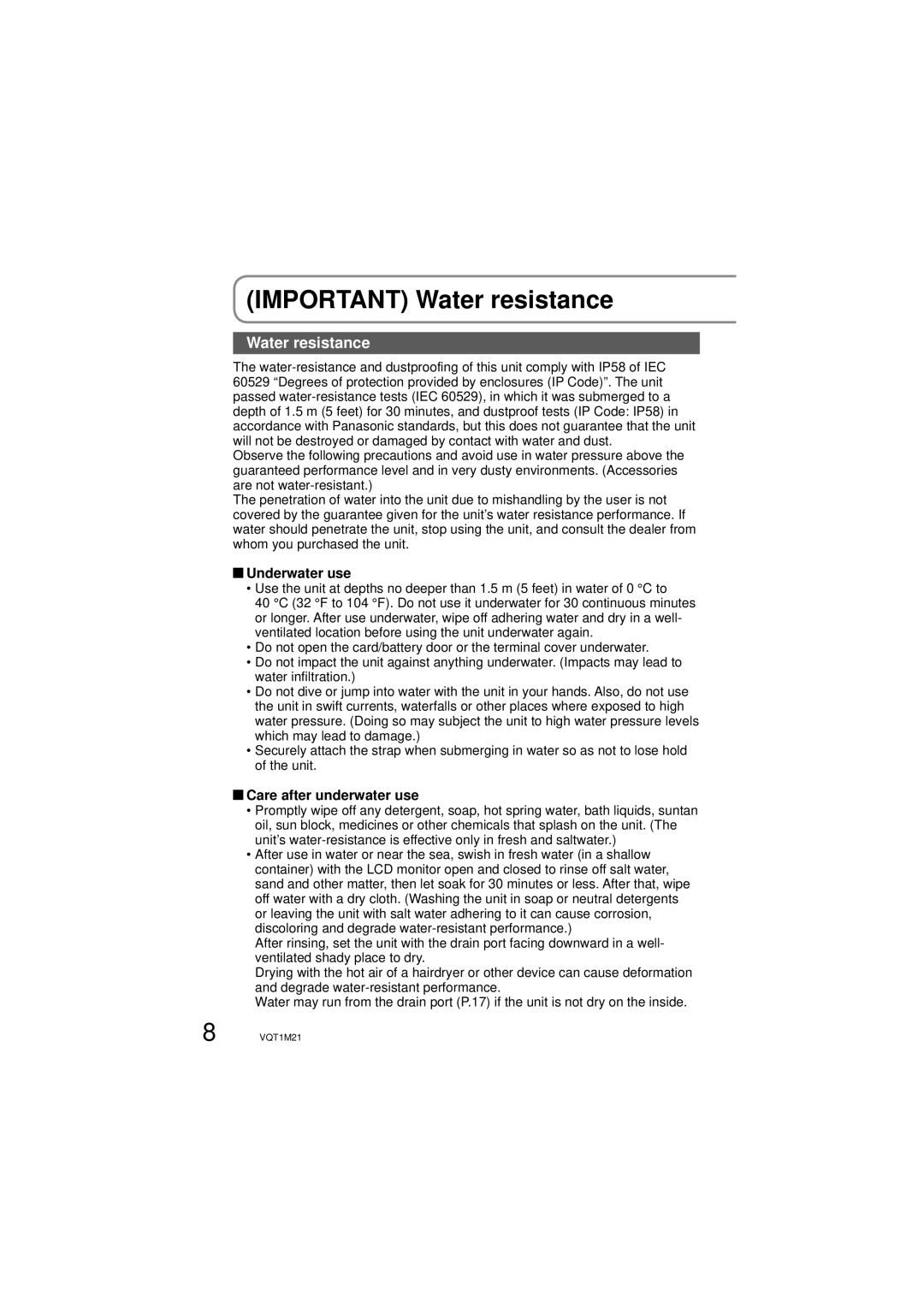 Panasonic SDR-SW20P operating instructions Important Water resistance, Underwater use, Care after underwater use 