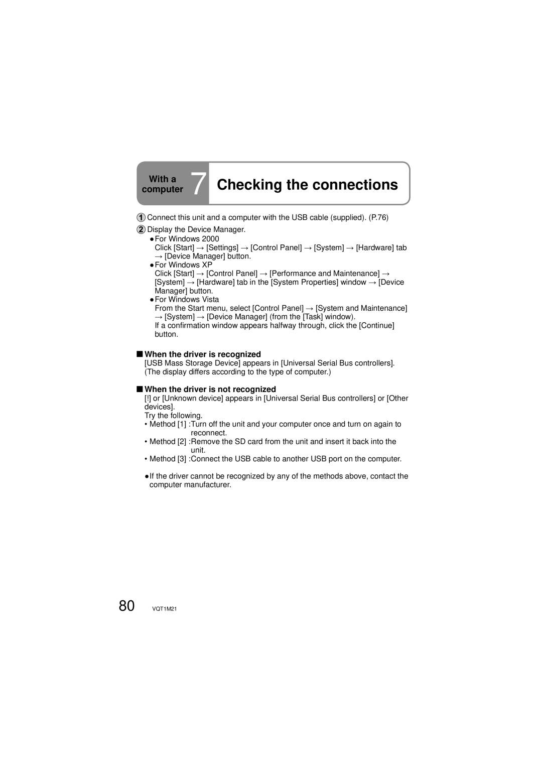 Panasonic SDR-SW20P Checking the connections, When the driver is recognized, When the driver is not recognized 