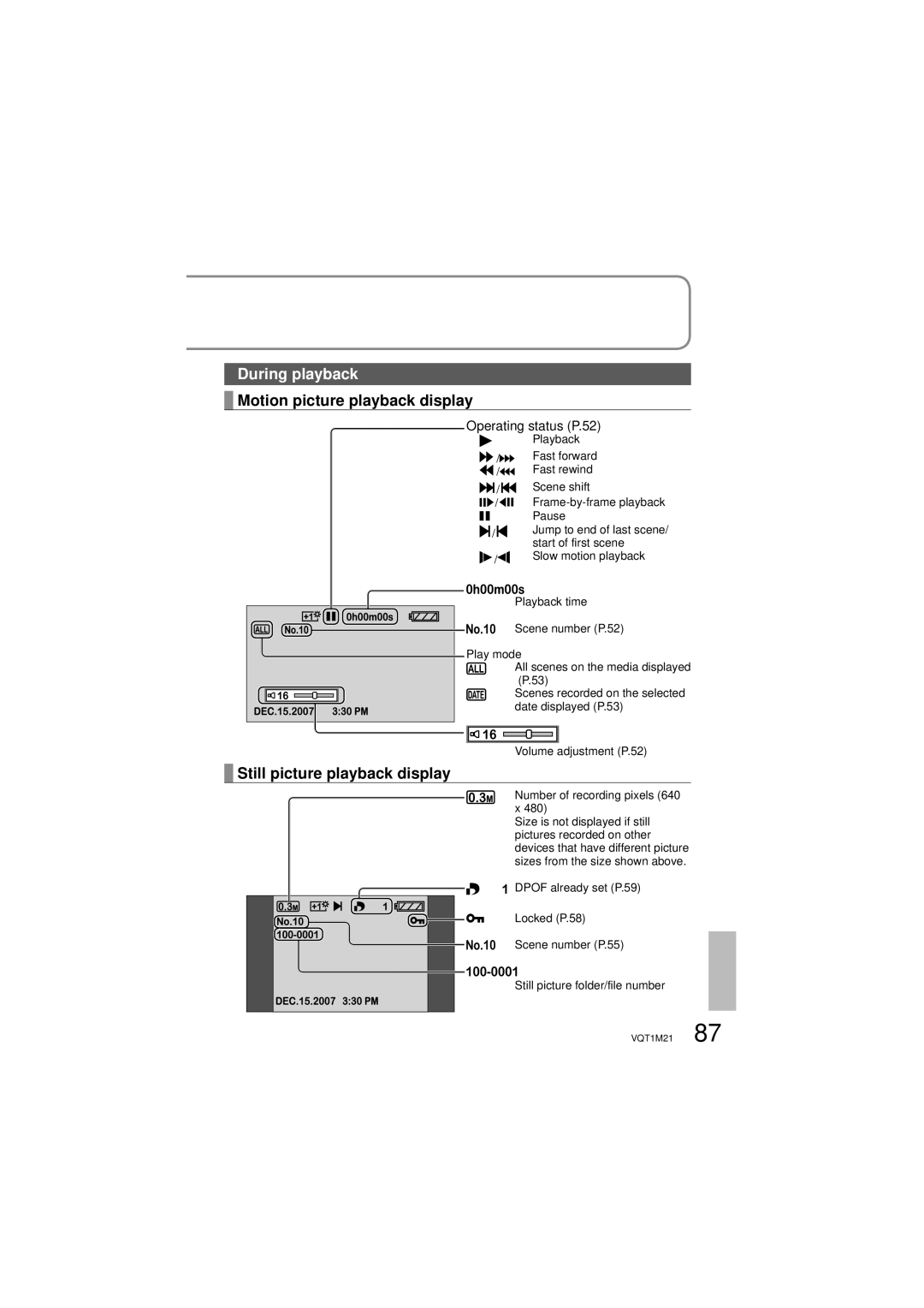 Panasonic SDR-SW20P operating instructions During playback, Motion picture playback display, Still picture playback display 