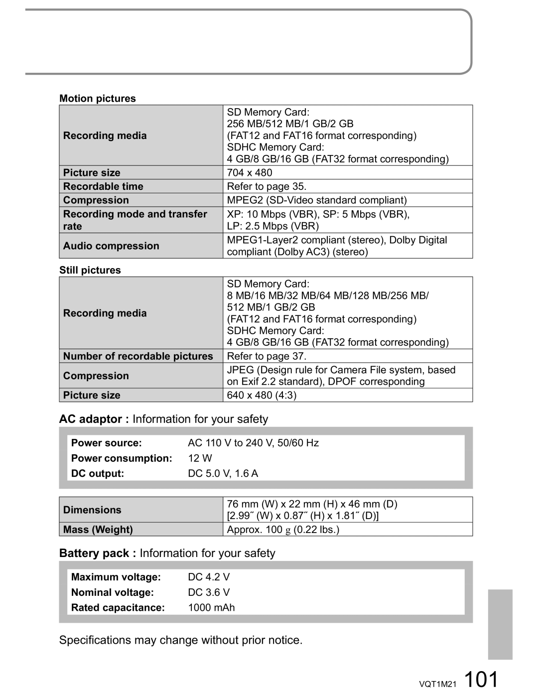 Panasonic SDR-SW20PC AC adaptor Information for your safety, Battery pack Information for your safety 